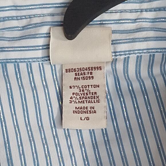 Covington Womens L Blue White Stripe 3/4 Sleeve Button Down Shirt Office Preppy - Picture 15 of 15